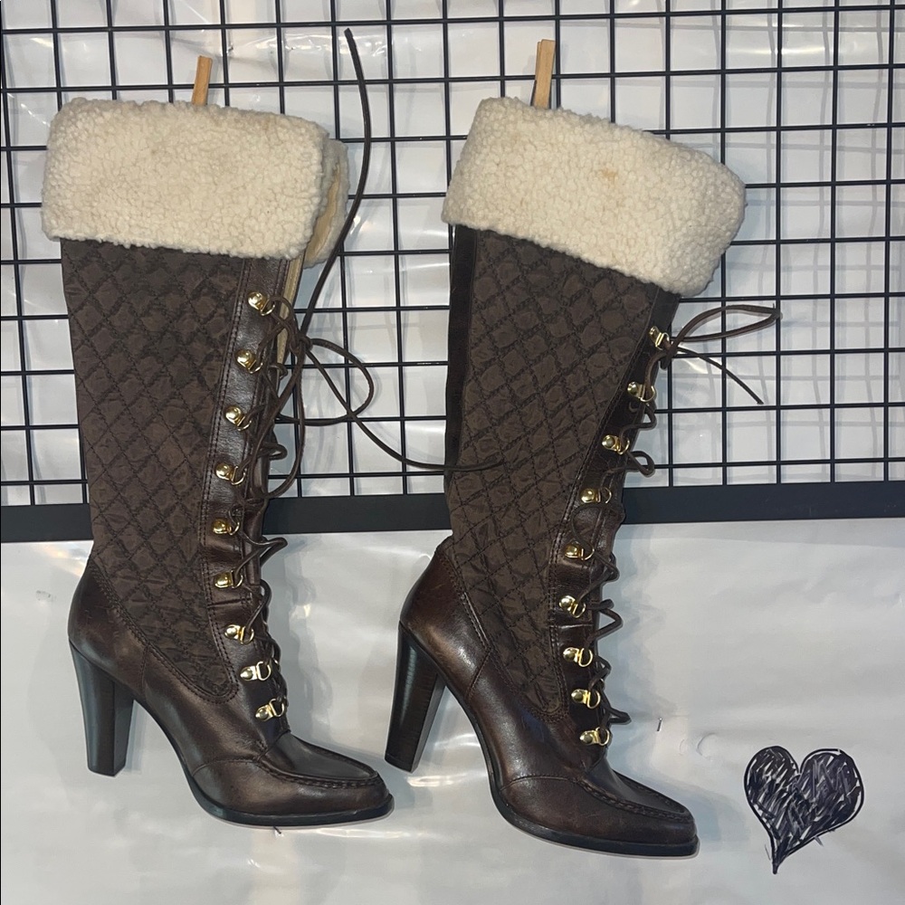 Michael Kors Leather & Quilted Heeled Boots with removable Cuff
